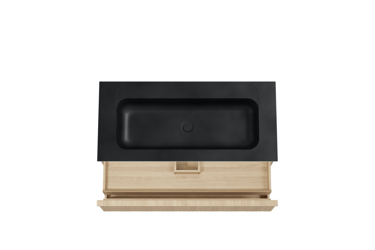 Balmani Forma meuble salle de bains suspendu 120 x 55 cm chêne naturel avec Tablo Strada lavabo simple pour 2 trous de robinet en marbre composite noir mat, Nervure circulaire asymétrique verticale