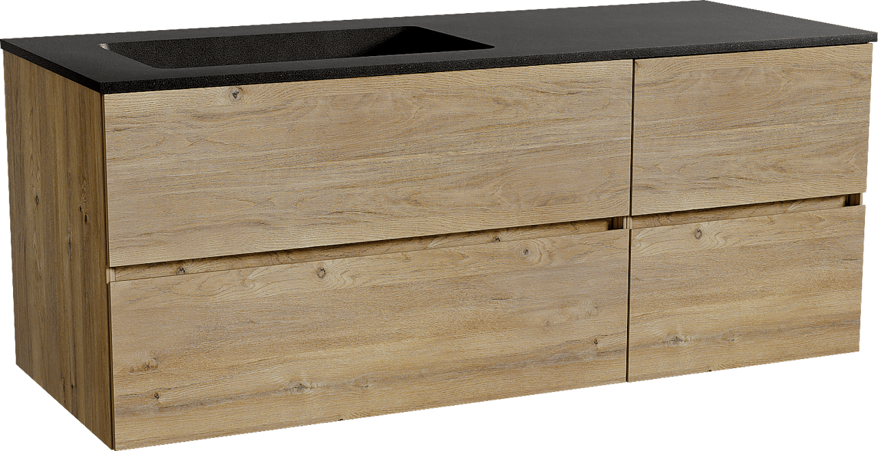 Storke Edge zwevend badmeubel 130 x 52 cm ruw eiken met Scuro asymmetrisch linkse wastafel in kwarts mat zwart