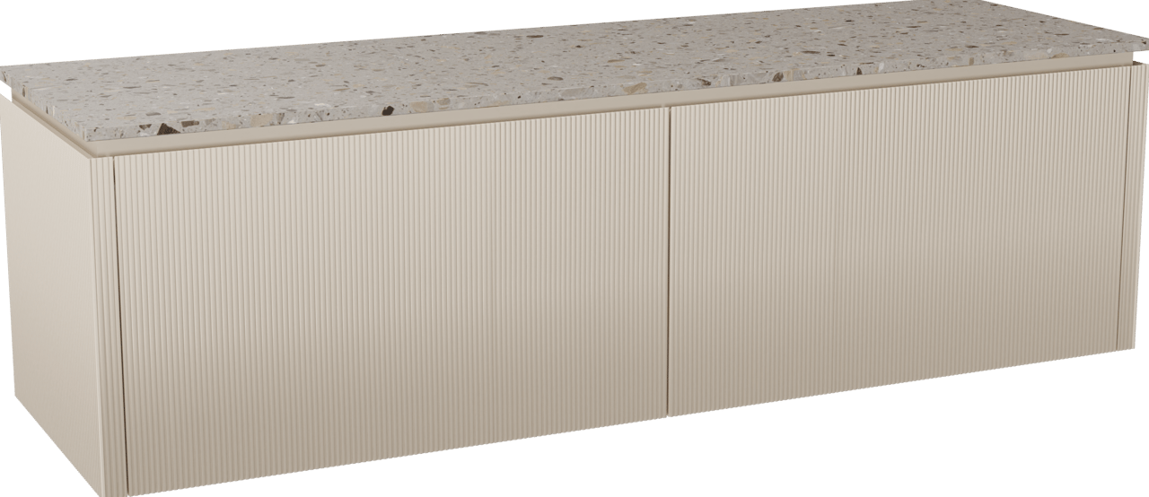 Balmani Eclips meuble salle de bains suspendu 180 x 55 cm Sandbeige avec Stretto tablette simple ou double en Terrazzo greige, Nervure droite symétrique verticale