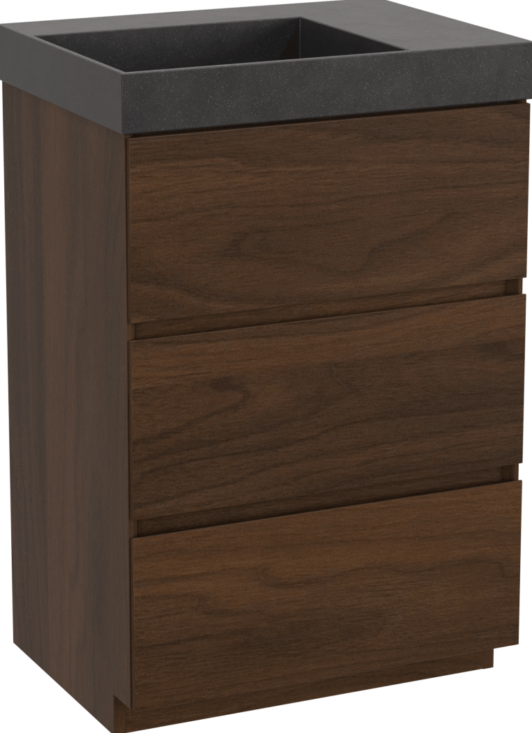 Storke Edge freistehendes Möbelstück Set: 60 x 46 cm, Nussbaum, mit Jura Waschtisch links, Quarz Schwarz matt