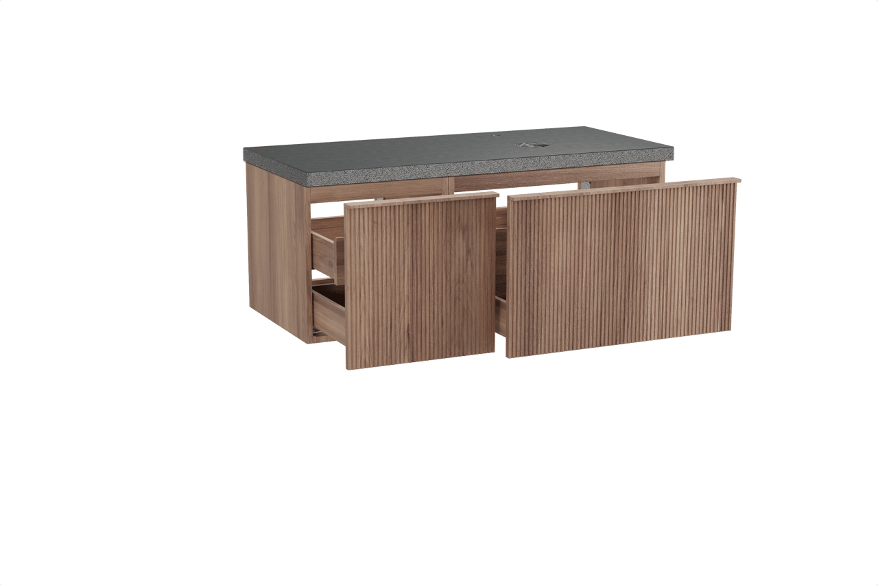 Balmani Forma zwevend badmeubel 120 x 55 cm teakhout met Rock asymmetrisch rechtse wastafel in zwart graniet, Verticale symmetrische rechte ribbel