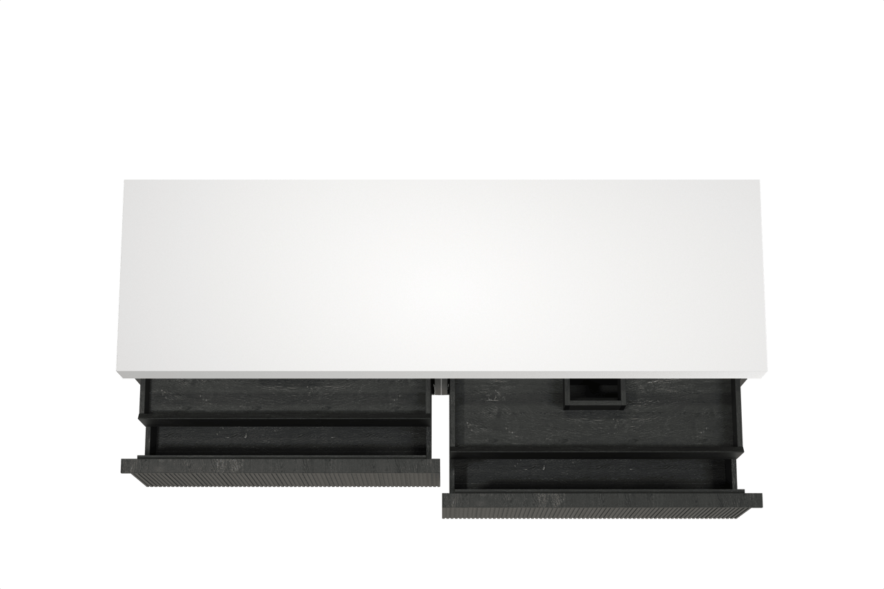 Balmani Forma meuble salle de bains suspendu 180 x 55 cm chêne noir avec Dominus tablette simple ou double en solid surface blanc mat, Nervure droite symétrique verticale