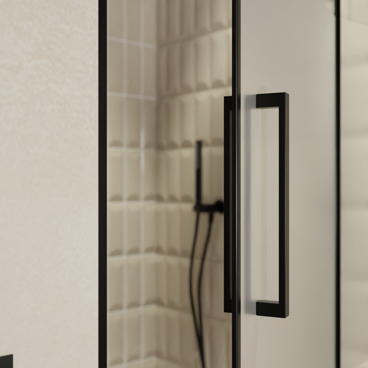 Balmani Senses Design douche draaideur rechts 100 cm x 210 cm Helder glas met matte strook, Zwarte profielen