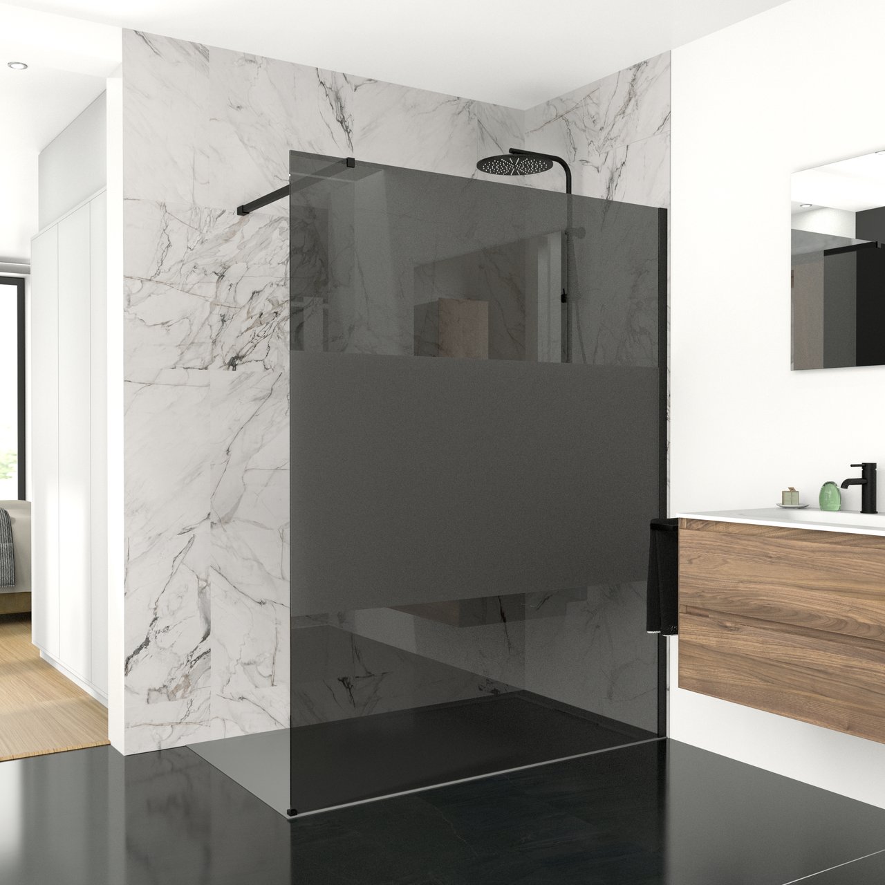 Balmani Modular inloopdouche 80 x 200 cm rookglas met matte strook mat zwart profiel