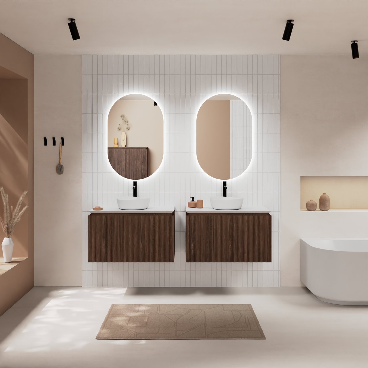 Balmani Eclips meuble salle de bains suspendu 90 x 55 cm Noyer américain avec Eclips tablette simple en Solid Surface blanc mat, Nervure droite symétrique verticale