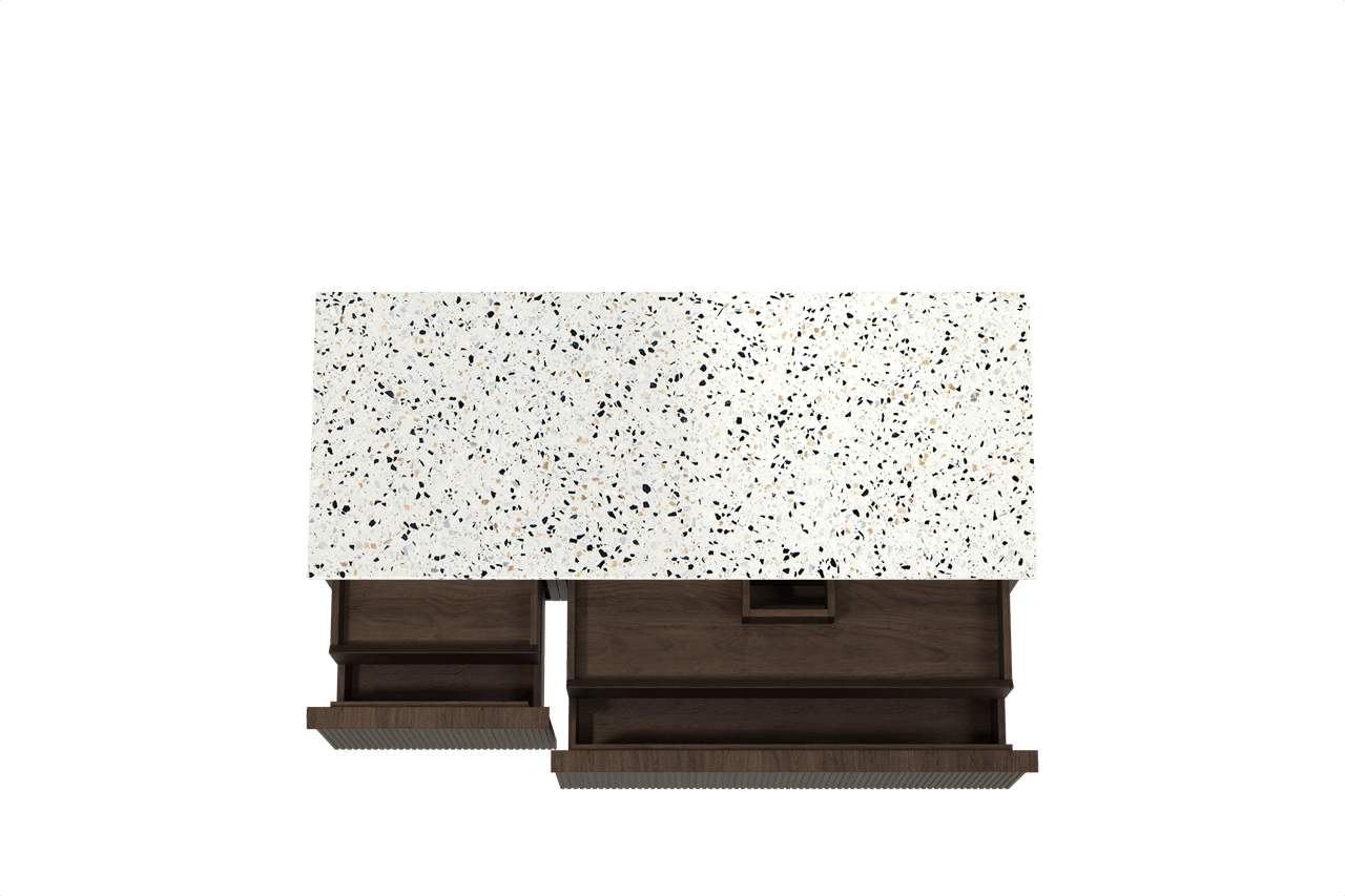 Balmani Forma zwevend badkamermeubel 135 x 55 cm gerookte eik met Stretto enkel of dubbel tablet in mat wit/zwart terrazzo, Verticale symmetrische rechte ribbel