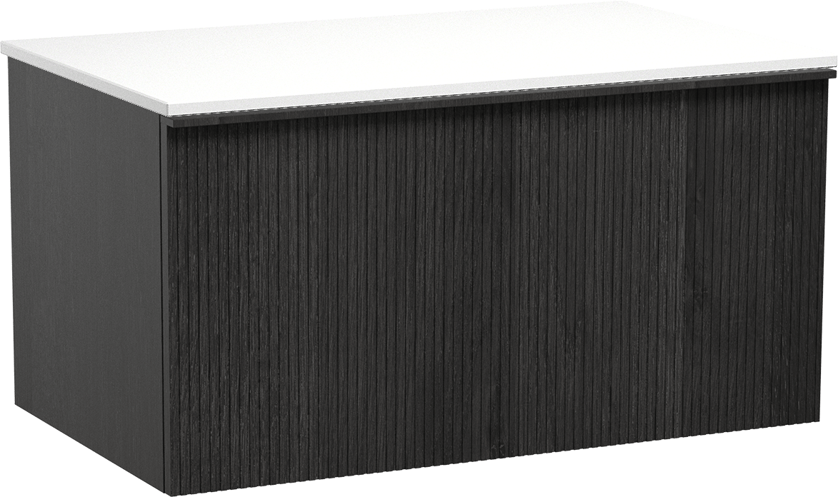 Balmani Forma zwevend badkamermeubel 90 x 55 cm zwarte eik met Stretto enkel tablet in solid surface mat wit, Verticale symmetrische rechte ribbel