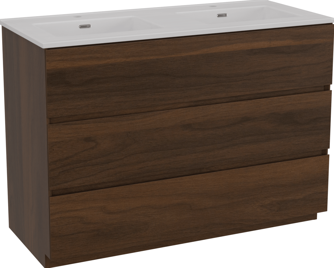 Storke Edge staand badmeubel 120 x 52 cm notenhout met Kera dubbele wastafel in porselein hoogglans wit, afvoerpluggen inbegrepen