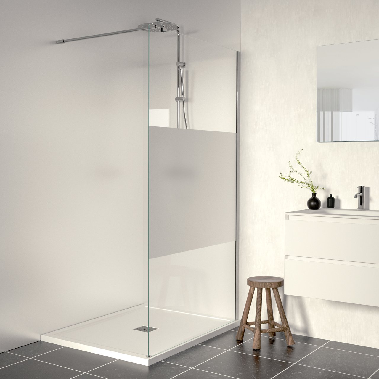 Linie Walk-In Walk-In Dusche: 120 x 200 cm, Klarglas mit satiniertem Streifen, Chrom Profil, glänzend