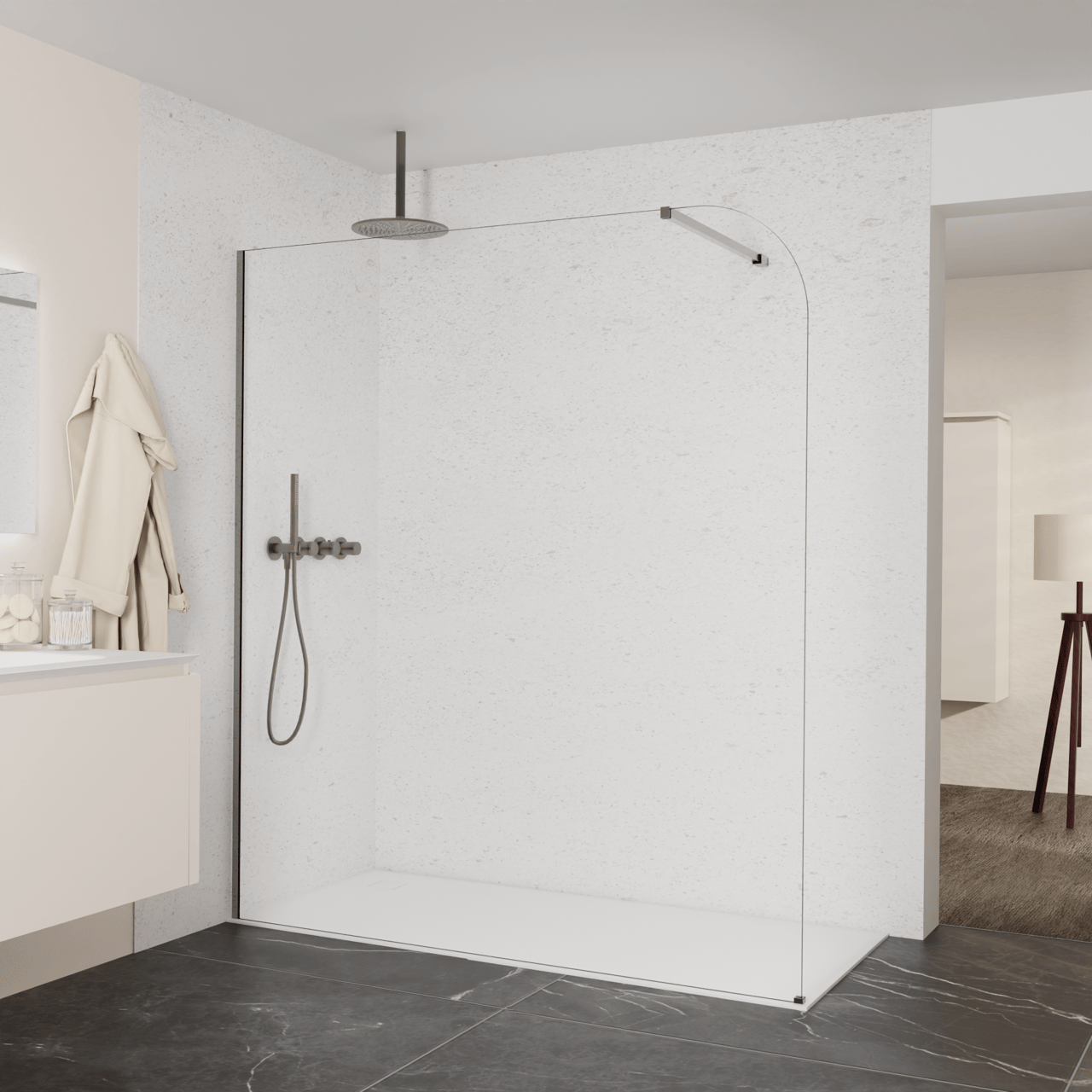 Balmani Modular inloopdouche: 180 x 200 cm, Helder glas afgerond met coating, Brushed GunMetal profielen