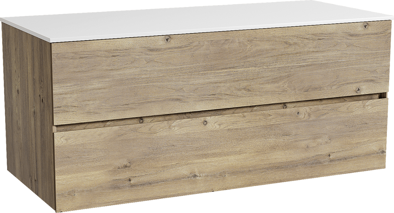 Storke Edge zwevend badmeubel 120 x 52 cm ruw eiken met Tavola enkel of dubbel wastafelblad in solid surface mat wit
