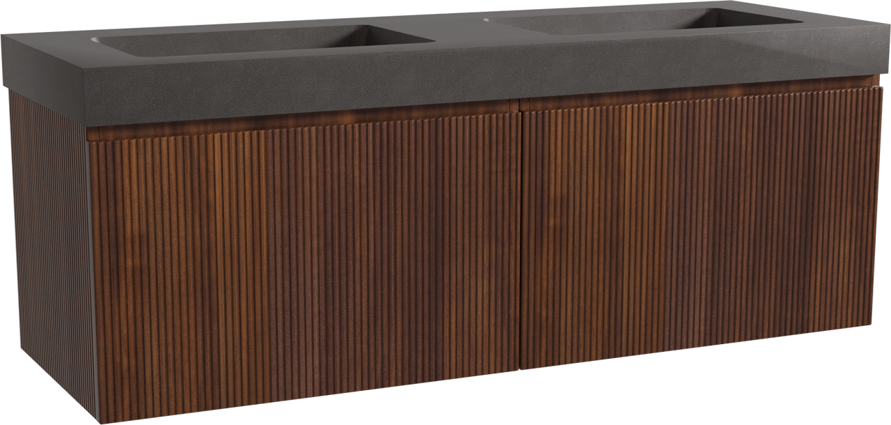 Storke Ribs zwevend badmeubel 150 x 52 cm notenhout met Scuro High dubbele wastafel in kwarts mat zwart, Verticale symmetrische rechte ribbel