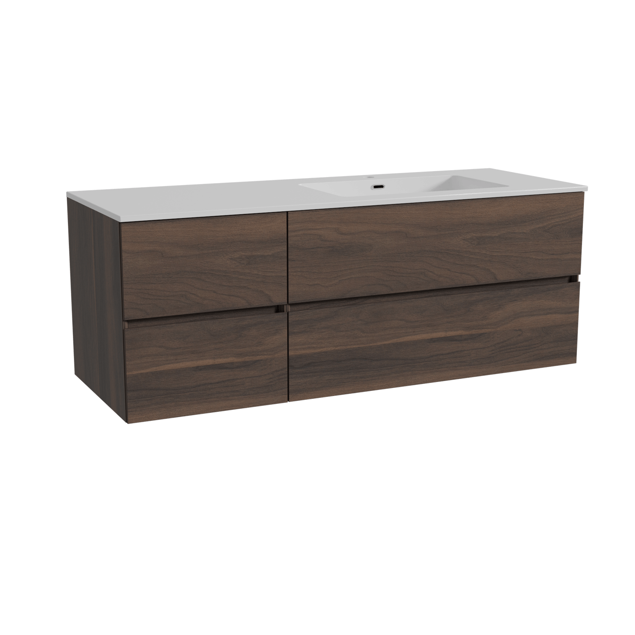 Storke Edge zwevend badkamermeubel 140 x 52 cm notelaar met Diva asymmetrisch rechtse wastafel in composietmarmer glanzend wit