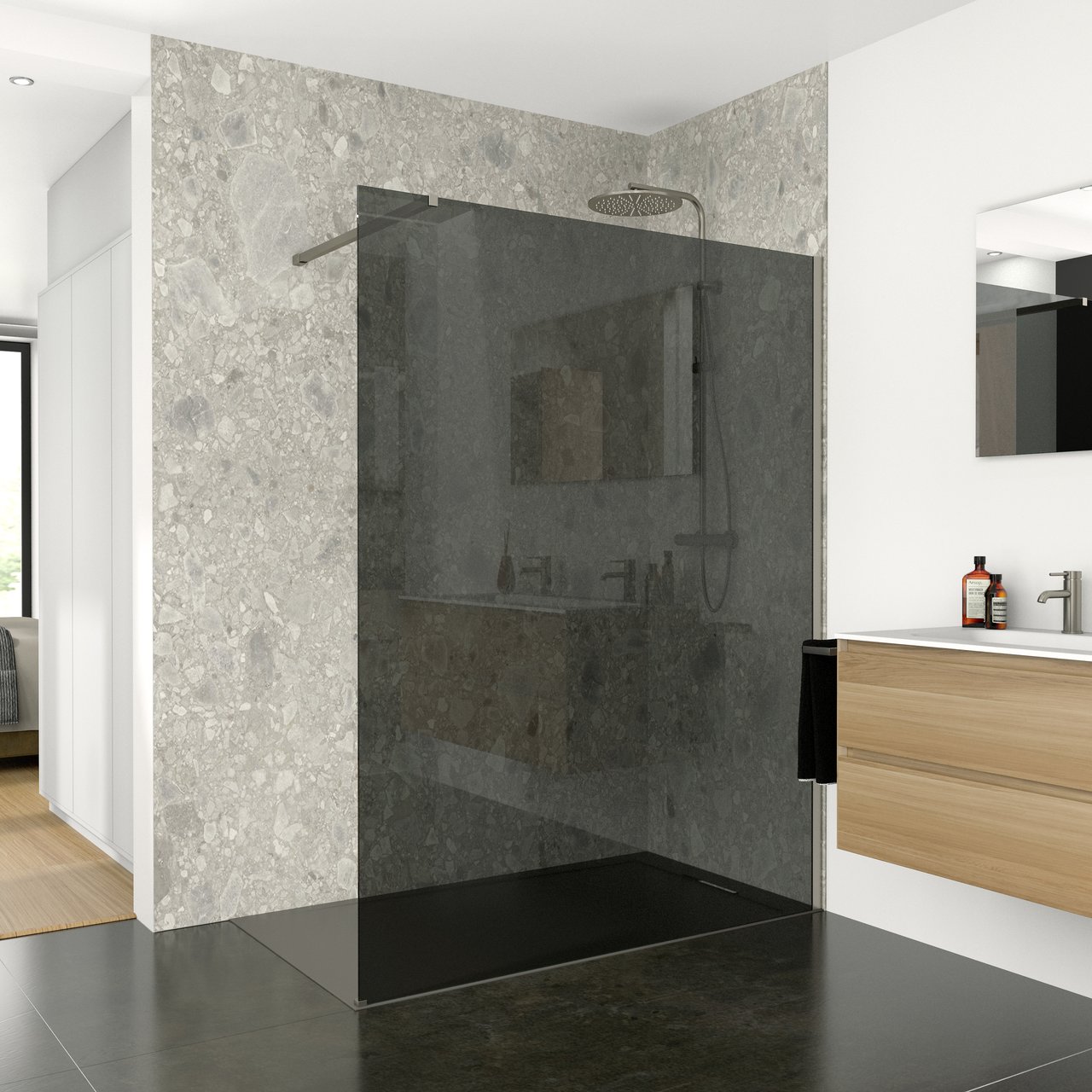 Balmani Modular inloopdouche 160 x 200 cm rookglas geborsteld inox profiel