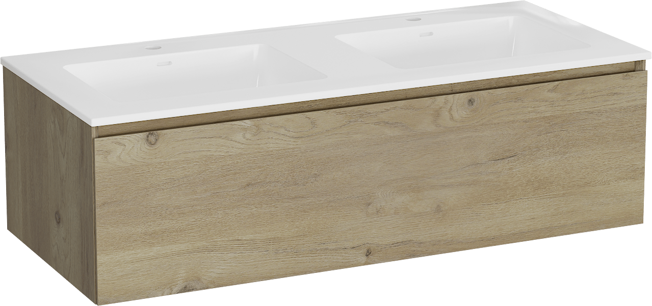 Storke Edge meuble salle de bains suspendu 120 x 52 cm chêne brut avec Bilia double vasque en marbre composite blanc brillant