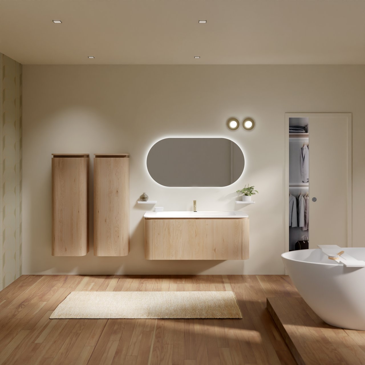 Balmani Moon hängendes Möbelstück Set: 130 x 55 cm, Naturbelassene Eiche, mit Moon Einzel- oder Doppel Waschtischplatte, Solid Surface Weiß matt
