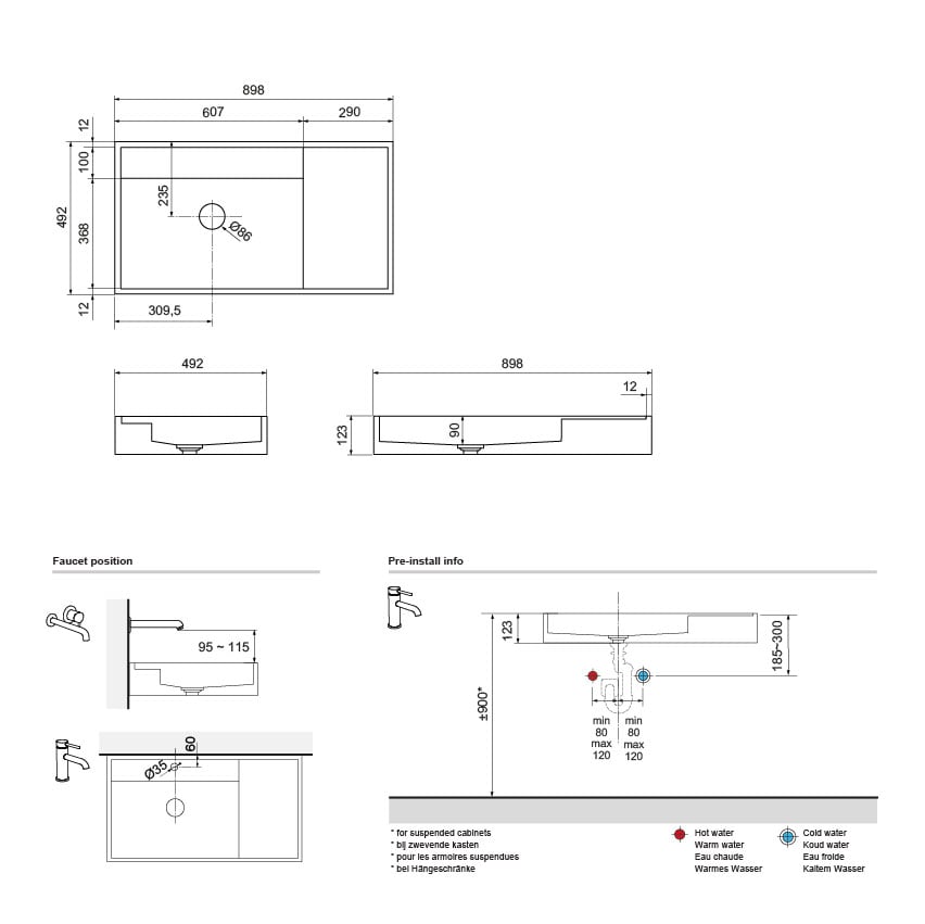Balmani Cubo asymmetrisch linkse wastafel matte Solid Surface 90 x 49 cm