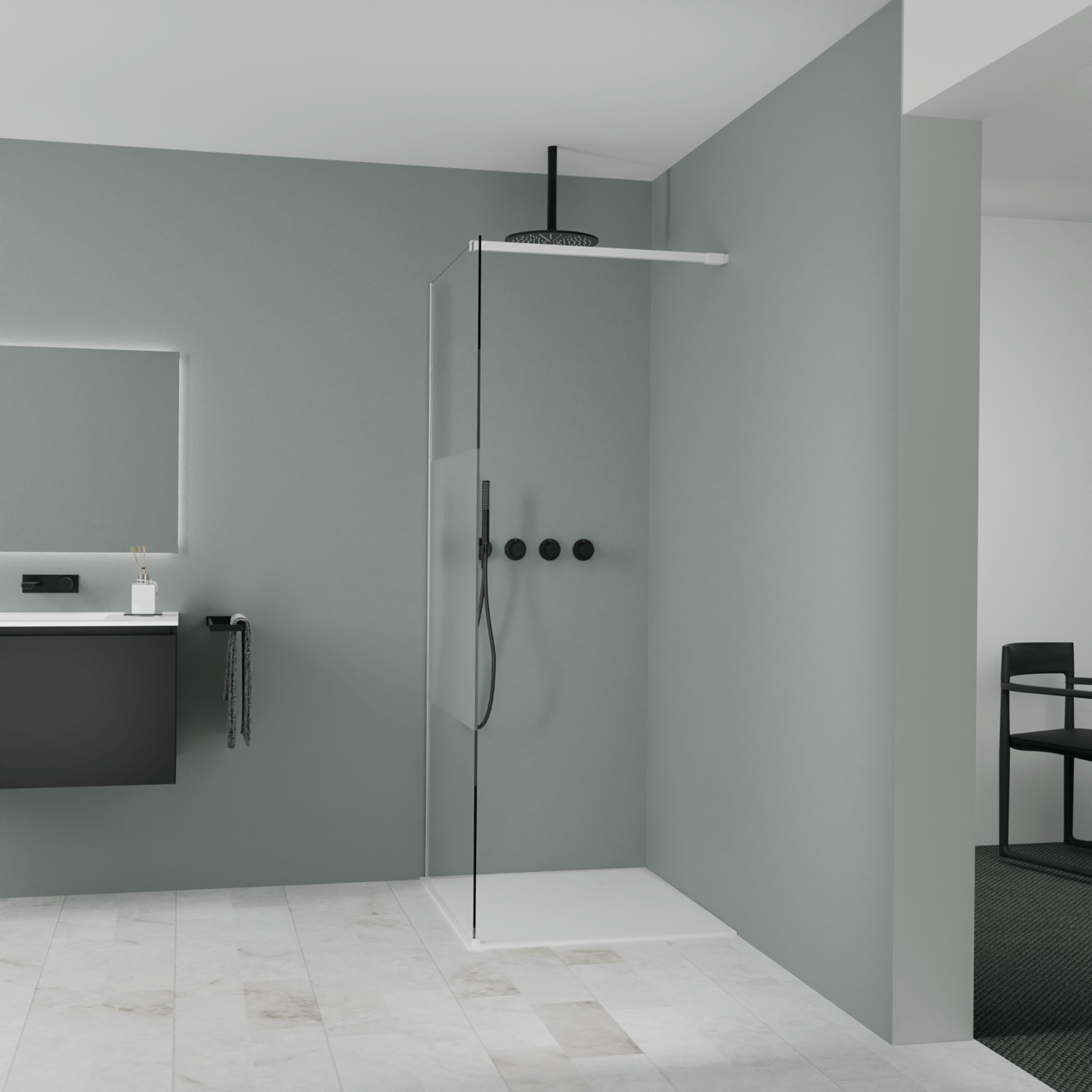 Balmani Modular inloopdouche: 90 x 200 cm, Helder glas met matte strook, Mat witte profielen