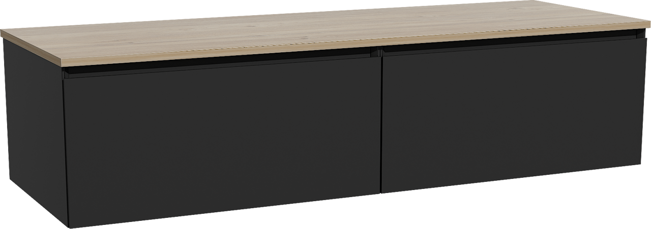 Storke Edge zwevend badkamermeubel 150 x 52 cm mat zwart met Panton enkel of dubbel tablet in melamine ruwe eik