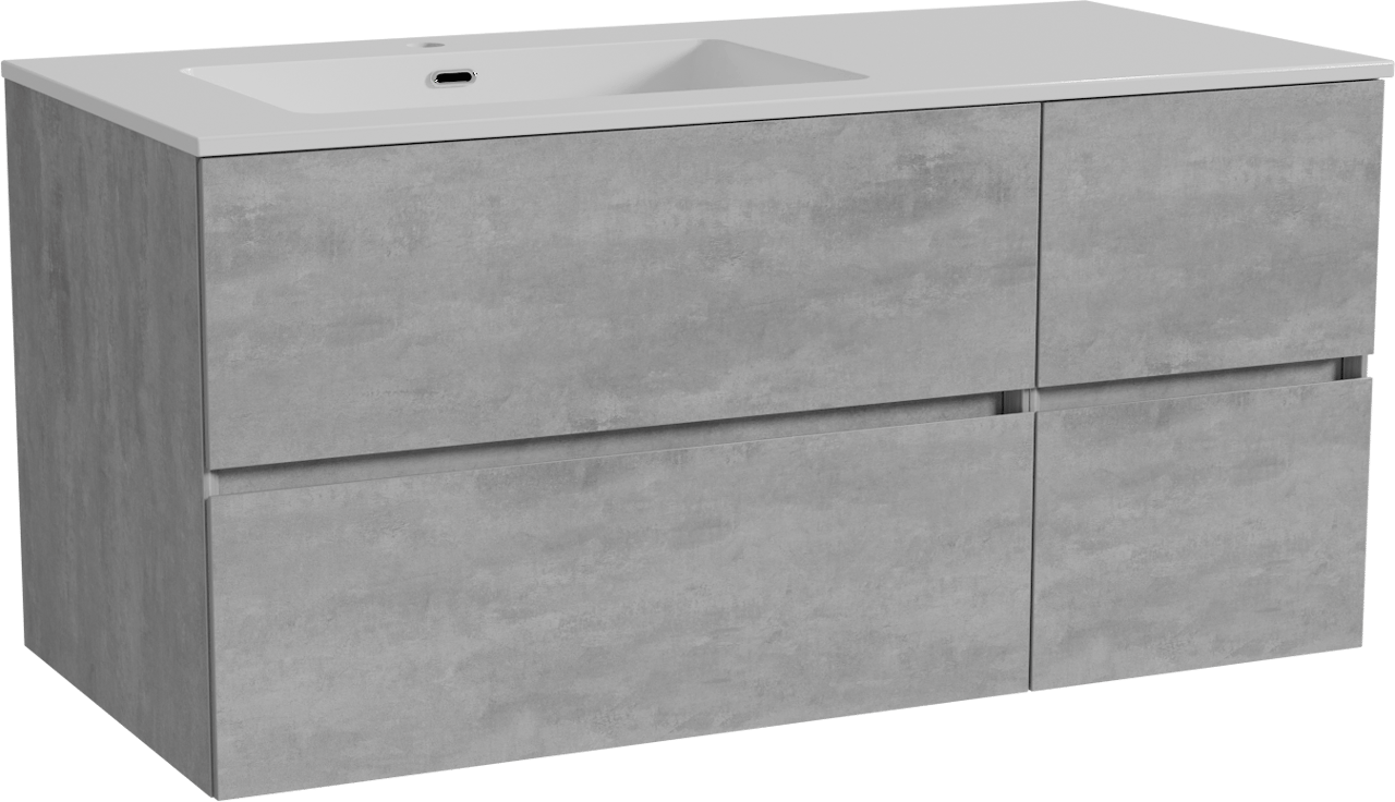 Storke Edge zwevend badkamermeubel 110 x 52 cm beton donkergrijs met Diva asymmetrisch linkse wastafel in composietmarmer glanzend wit