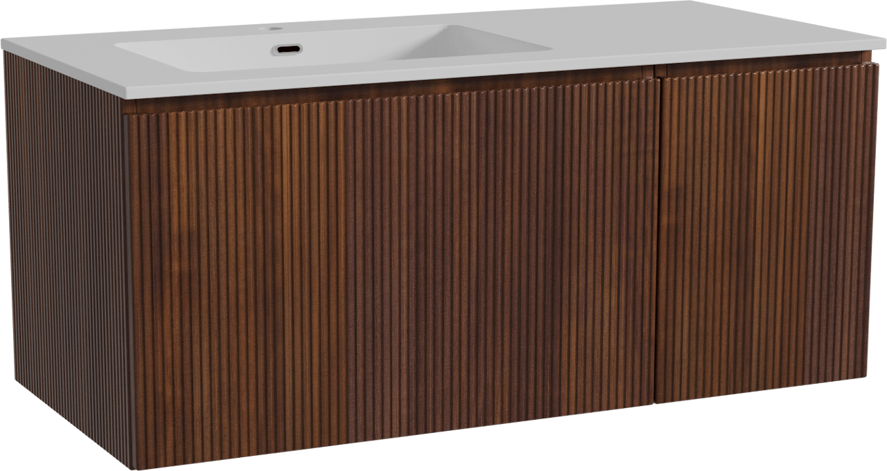 Storke Ribs zwevend badkamermeubel 110 x 52 cm notelaar met Diva asymmetrisch linkse wastafel in composietmarmer glanzend wit, Verticale symmetrische rechte ribbel