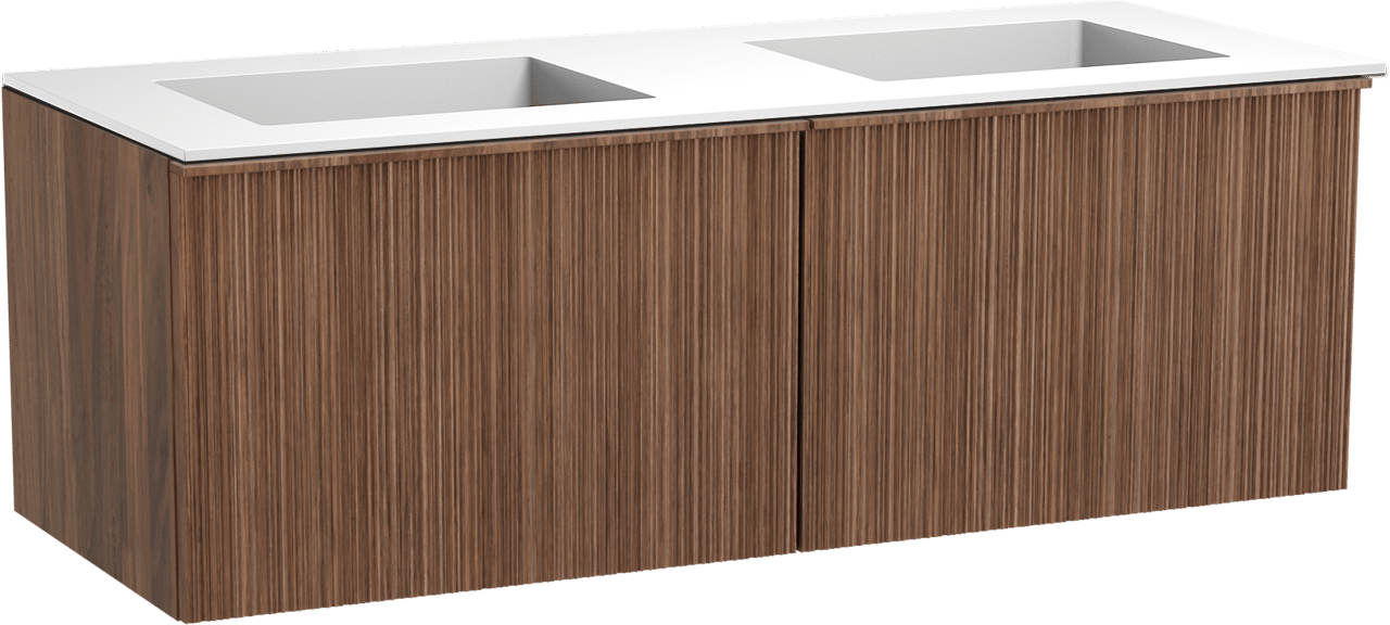 Balmani Forma zwevend badmeubel 135 x 55 cm amerikaans notenhout met Tablo Stretto dubbele wastafel in solid surface mat wit, Verticale asymmetrische ronde ribbel