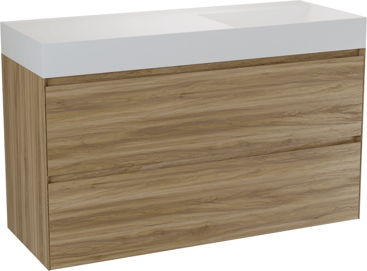 Balmani Mitra Compact zwevend badmeubel 120 x 46 cm wild eiken met Argila asymmetrisch rechtse wastafel in composietmarmer mat wit