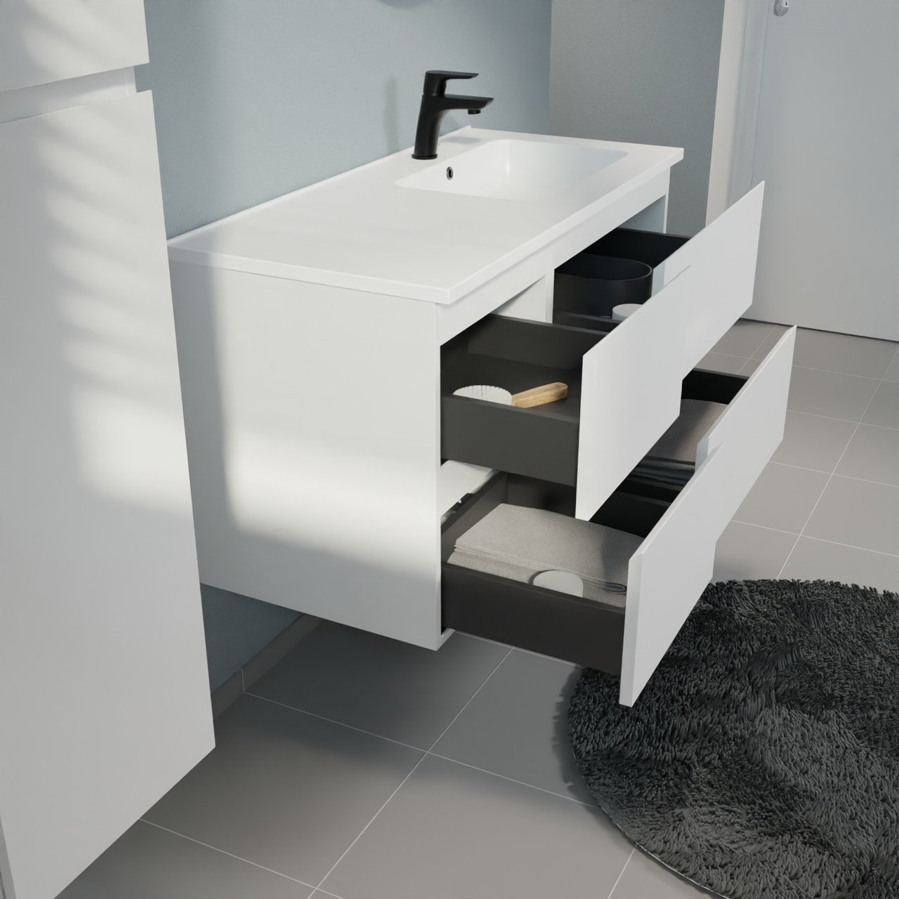 Linie Lado meuble salle de bains suspendu 100 x 46 cm blanc mat avec Vano vasque asymétrique droite en marbre composite blanc mat