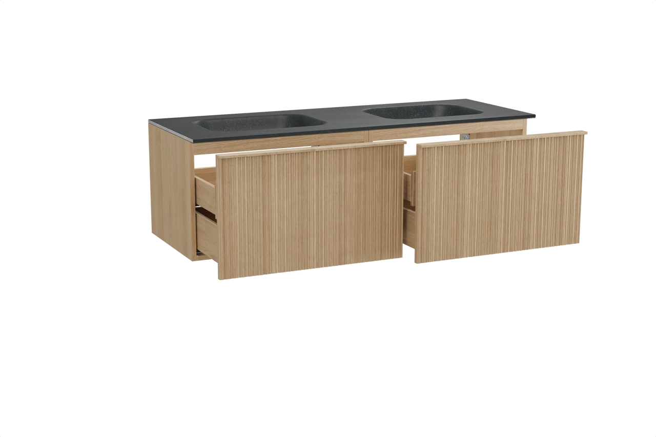 Balmani Forma zwevend badmeubel 150 x 55 cm naturel eiken met Tablo Arcato dubbele wastafel in zwart graniet, Verticale asymmetrische ronde ribbel