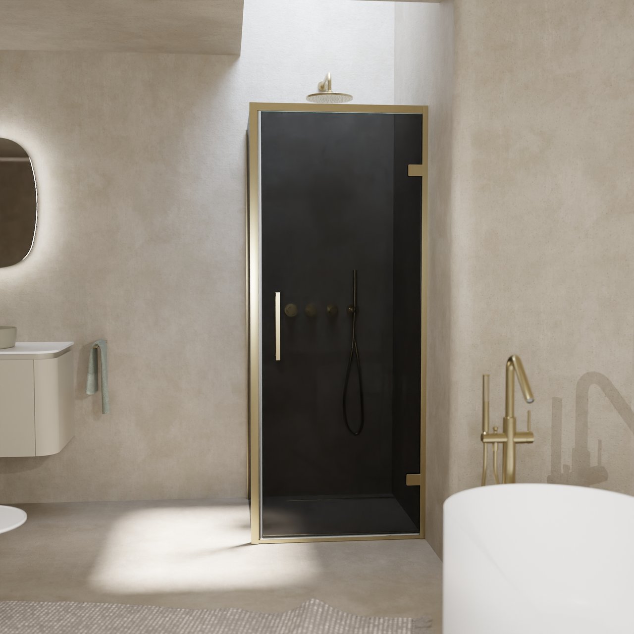 Balmani Senses Design douchehoek met rechtse draaideur en vaste zijwand, 90 x 90 cm, Rookglas, Brushed Champagne Gold profielen