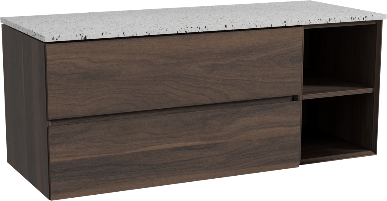 Storke Edge zwevend badkamermeubel 130 x 52 cm notelaar met Tavola enkel of dubbel tablet in mat wit/zwart terrazzo