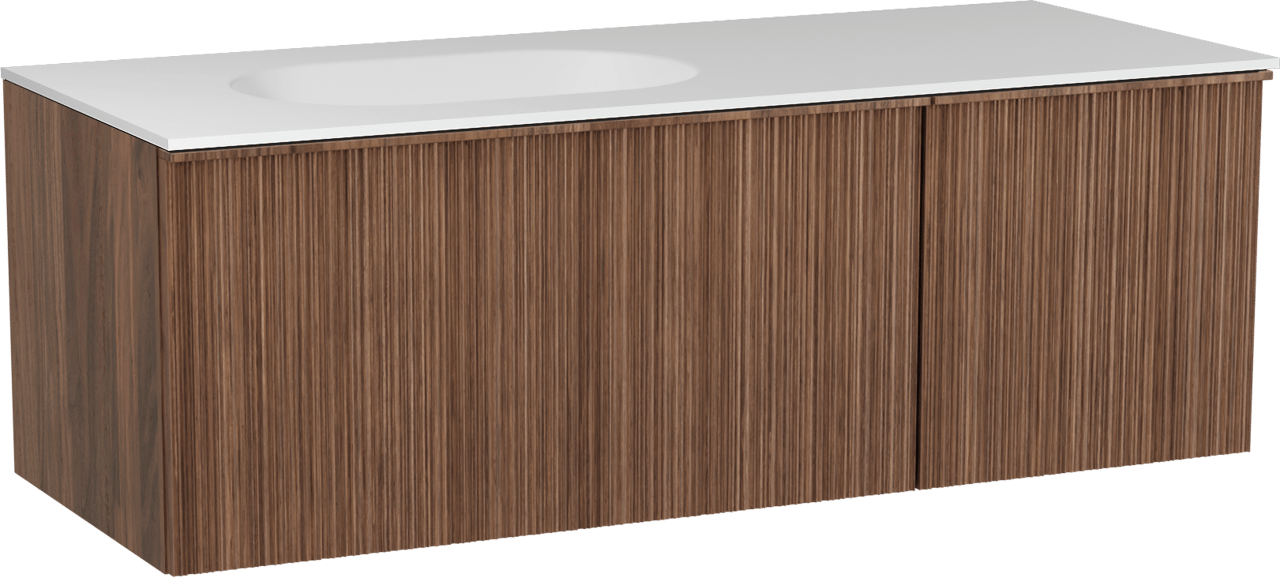 Balmani Forma meuble salle de bains suspendu 135 x 55 cm noyer américain avec Tablo Oval vasque asymétrique gauche en solid surface blanc mat, Nervure circulaire asymétrique verticale