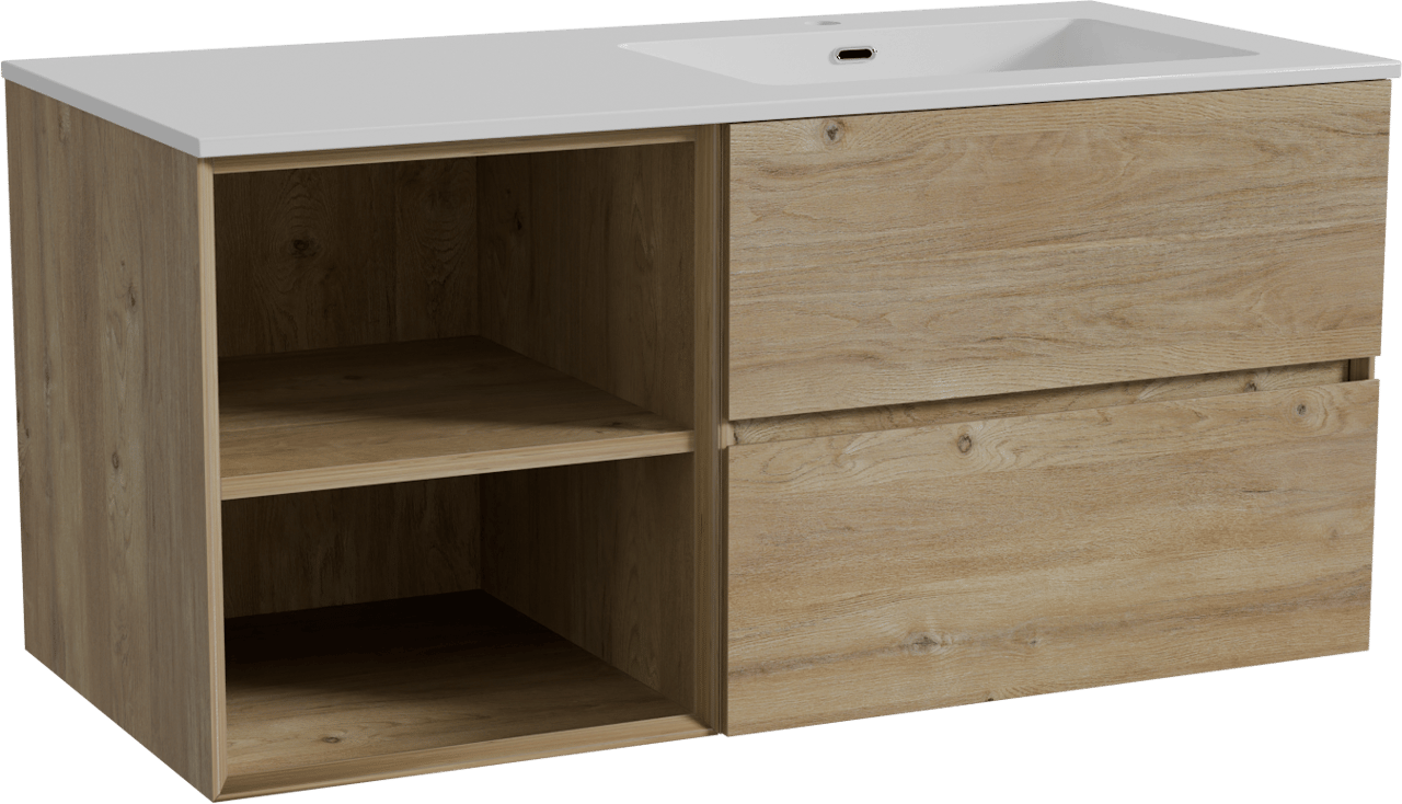 Storke Edge zwevend badmeubel 110 x 52 cm ruw eiken met Diva asymmetrisch rechtse wastafel in composietmarmer hoogglans wit