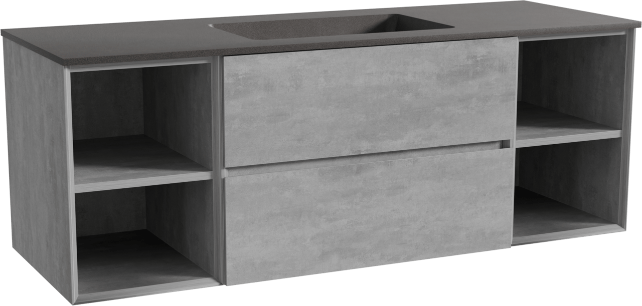Storke Edge zwevend badmeubel 145 x 52 cm beton donkergrijs met Scuro enkele wastafel in kwarts mat zwart