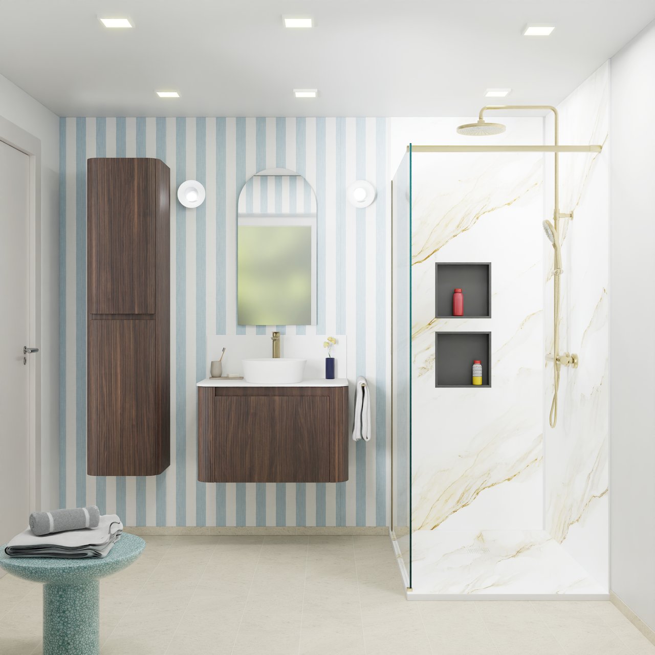 Storke Soft meuble salle de bains suspendu 80 x 46 cm noyer avec Tavola Soft tablette simple en Solid Surface blanc mat, Nervure droite symétrique verticale