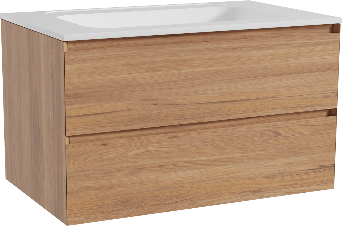 Balmani Mitra zwevend badkamermeubel 90 x 55 cm teak met Tablo Strada enkele wastafel in composietmarmer glanzend wit