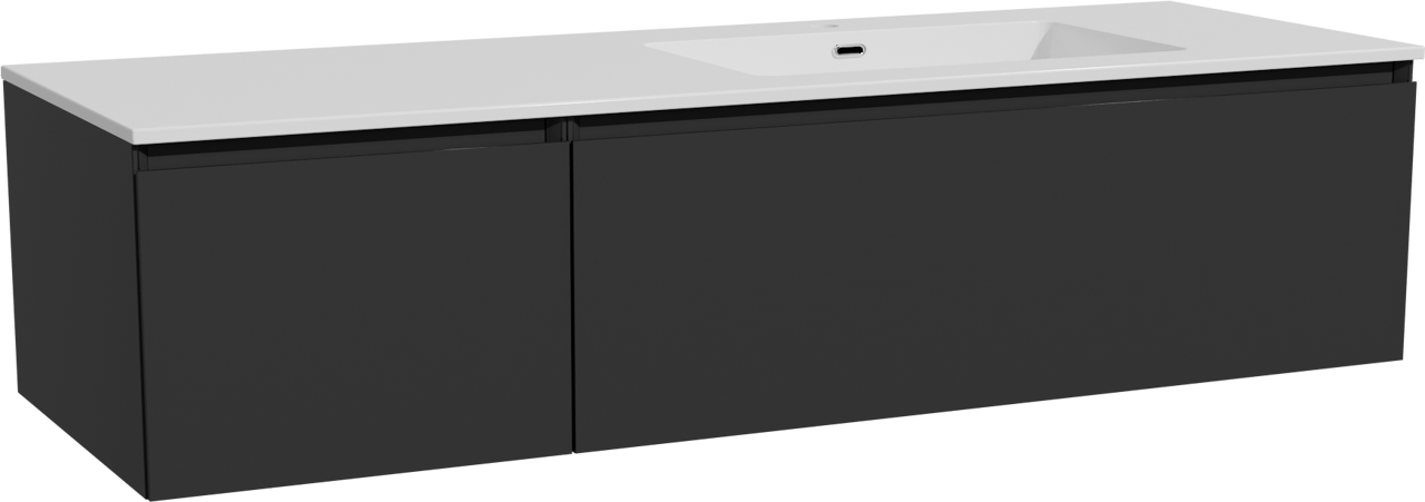 Storke Edge meuble salle de bains suspendu 150 x 52 cm noir mat avec Diva vasque asymétrique droite en marbre composite blanc brillant