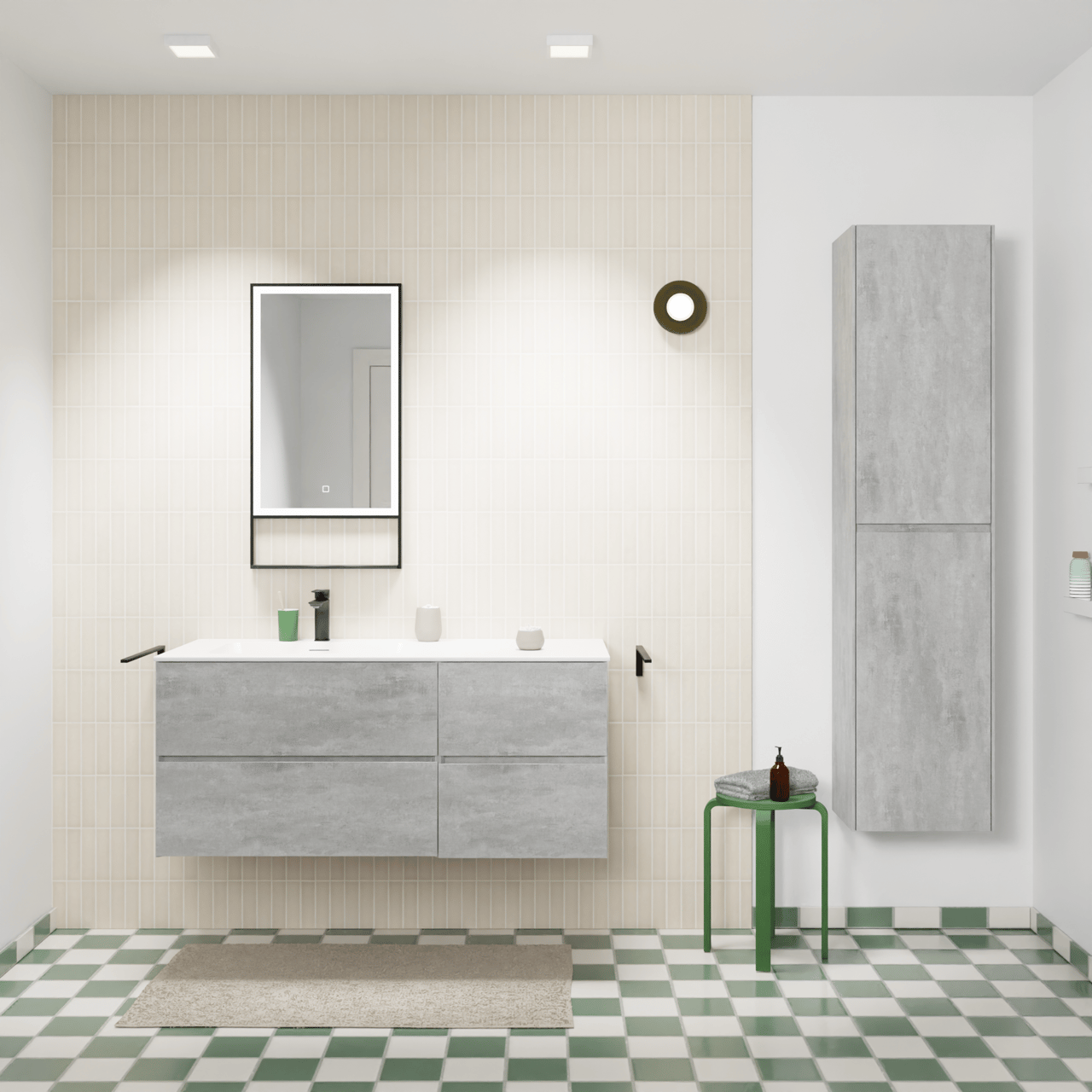 Storke Edge zwevend badkamermeubel 120 x 52 cm beton donkergrijs met Mata asymmetrisch linkse wastafel in solid surface mat wit