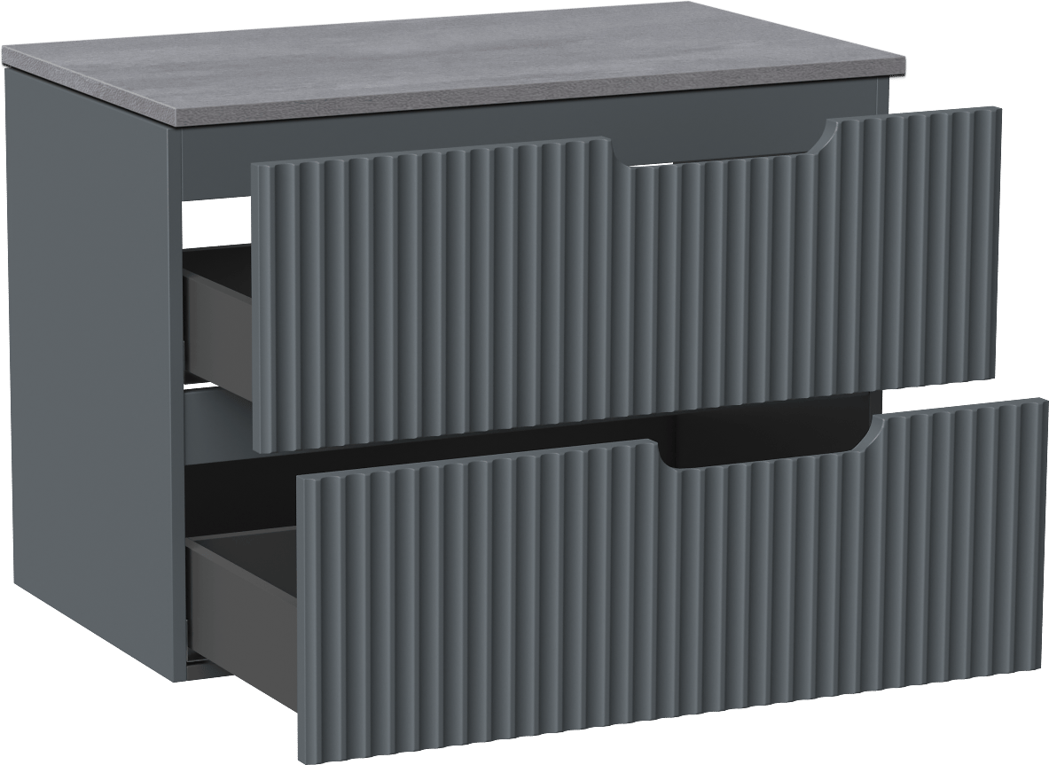 Linie Ribbo zwevend badmeubel 80 x 46 cm blauw antraciet met Lado enkel wastafelblad in melamine beton donkergrijs, Verticale symmetrische ronde ribbel