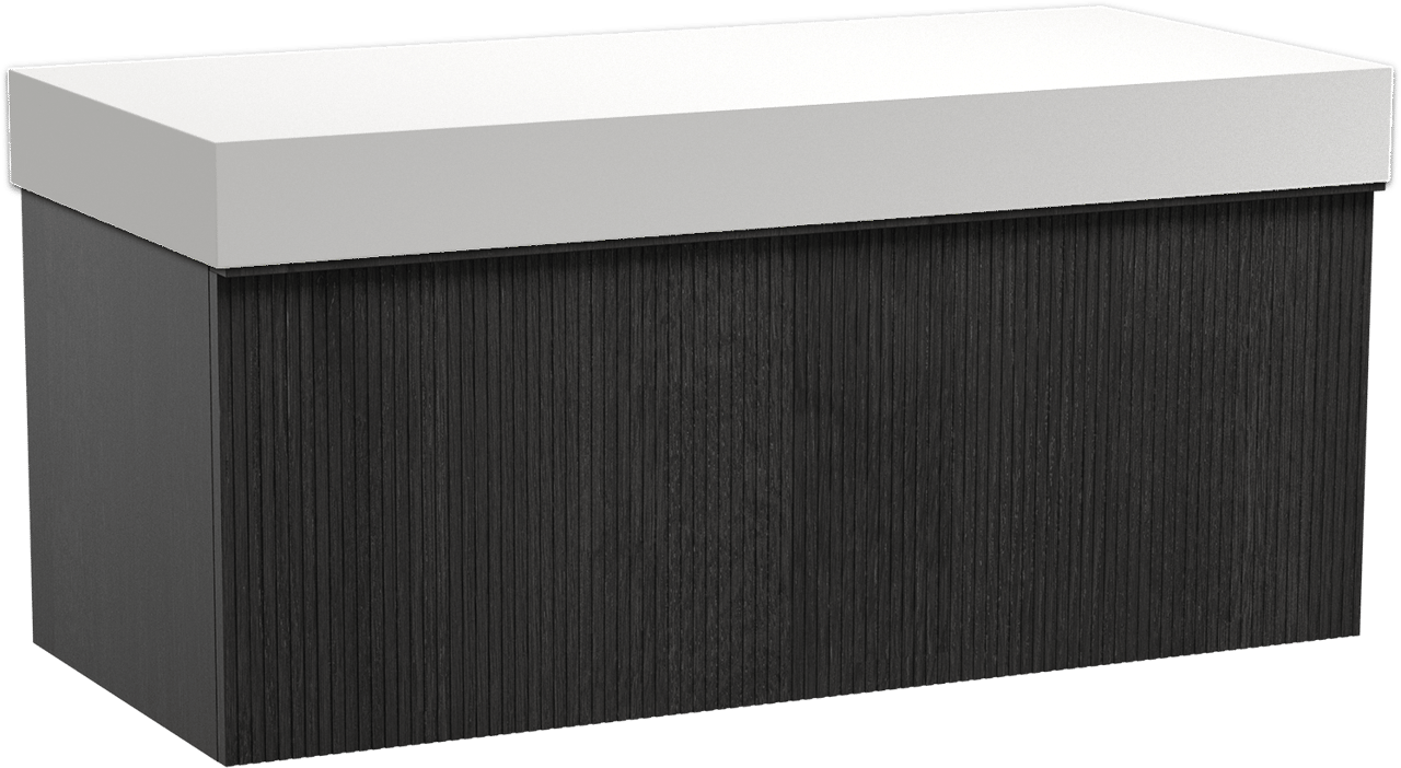 Balmani Forma zwevend badkamermeubel 120 x 55 cm zwarte eik met Dominus enkel of dubbel tablet in solid surface mat wit, Verticale symmetrische rechte ribbel