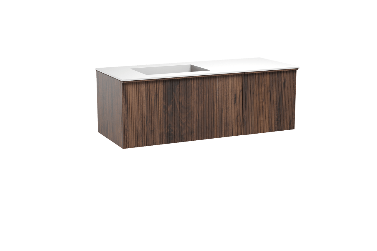 Balmani Forma hängendes Möbelstück Set: 135 x 55 cm, Amerikanischer Nussbaum, mit Tablo Stretto Waschtisch links, Solid Surface, Weiß matt, Vertikale symmetrische gerade Rippe