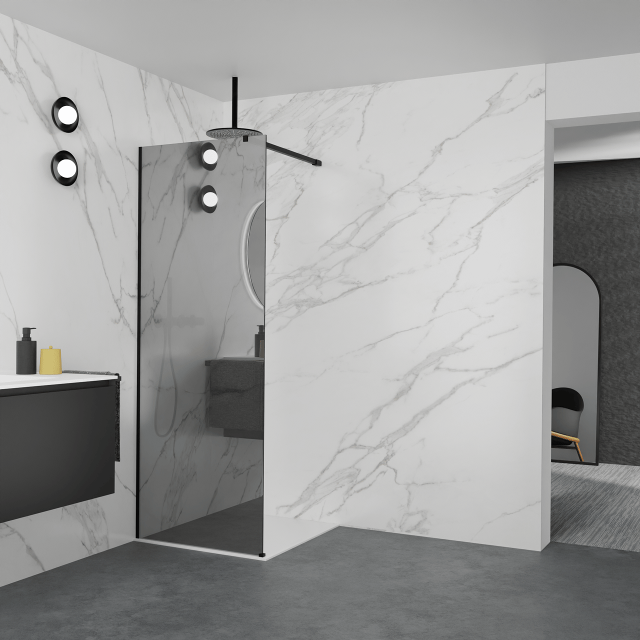 Balmani Modular inloopdouche: 80 x 200 cm, Reflex spiegelglas, Mat zwarte profielen