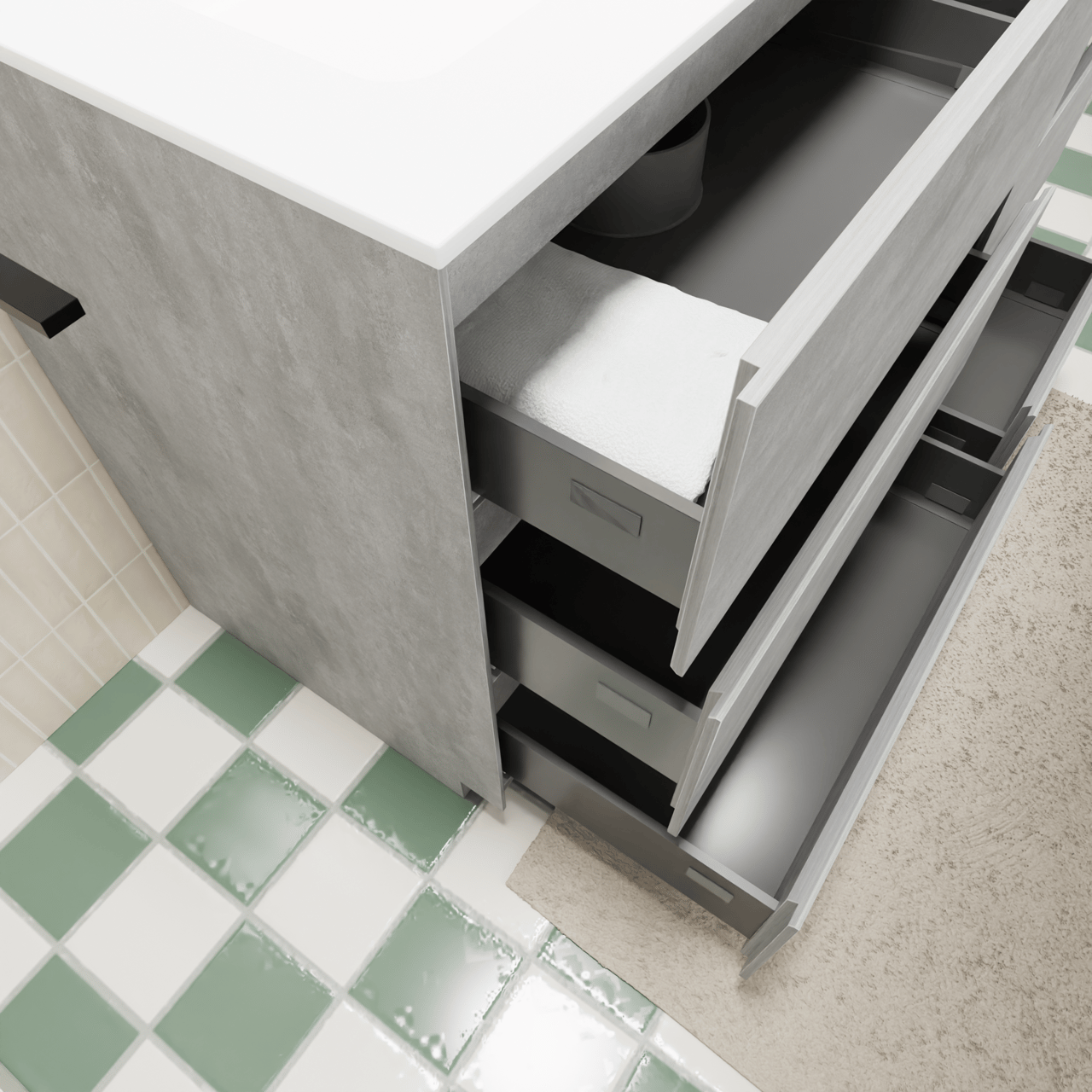 Storke Edge staand badkamermeubel 150 x 52 cm beton donkergrijs met Mata asymmetrisch linkse wastafel in solid surface mat wit