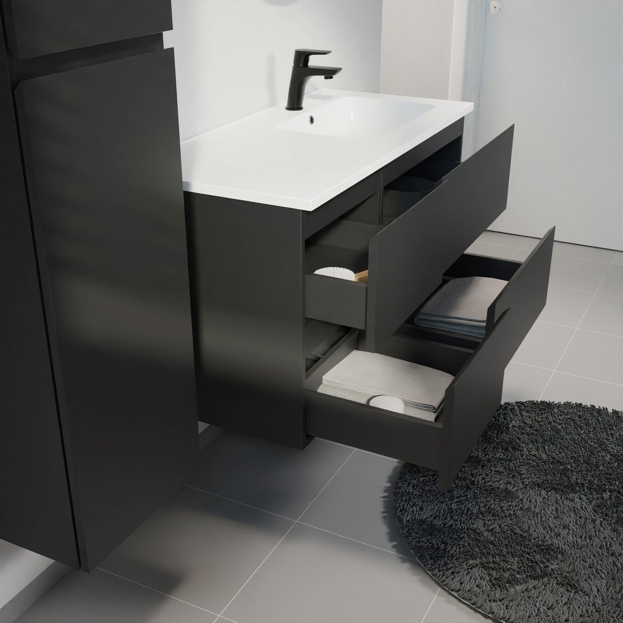 Linie Lado meuble salle de bains suspendu 100 x 46 cm noir mat avec Vano vasque asymétrique droite en marbre composite blanc mat
