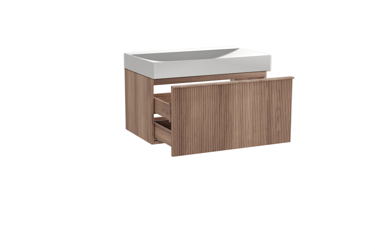 Balmani Forma zwevend badkamermeubel 90 x 55 cm teak met Wave enkele wastafel in solid surface mat wit, Verticale symmetrische rechte ribbel