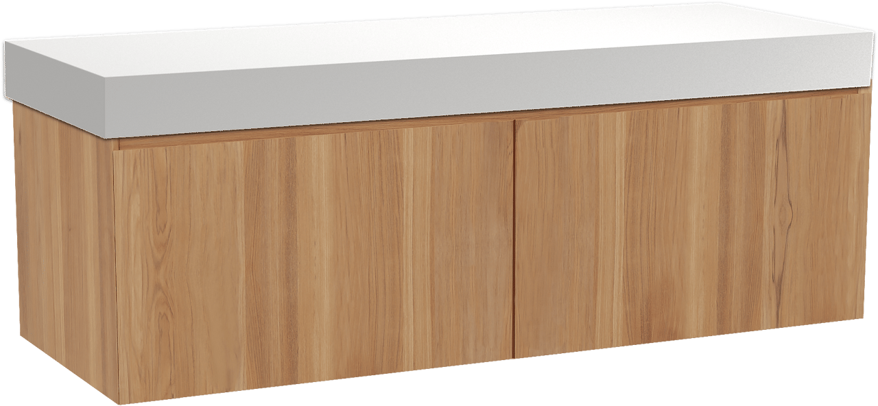 Balmani Idra by Mitra zwevend badkamermeubel 150 x 55 cm teak met Dominus enkel of dubbel tablet in solid surface mat wit