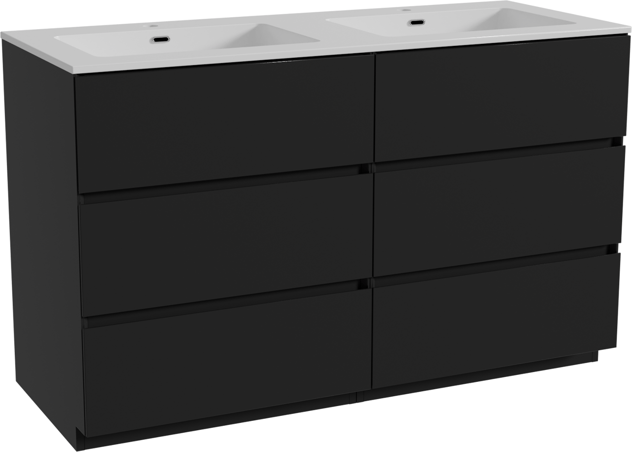 Storke Edge staand badmeubel 130 x 52 cm mat zwart met Diva dubbele wastafel in composietmarmer hoogglans wit