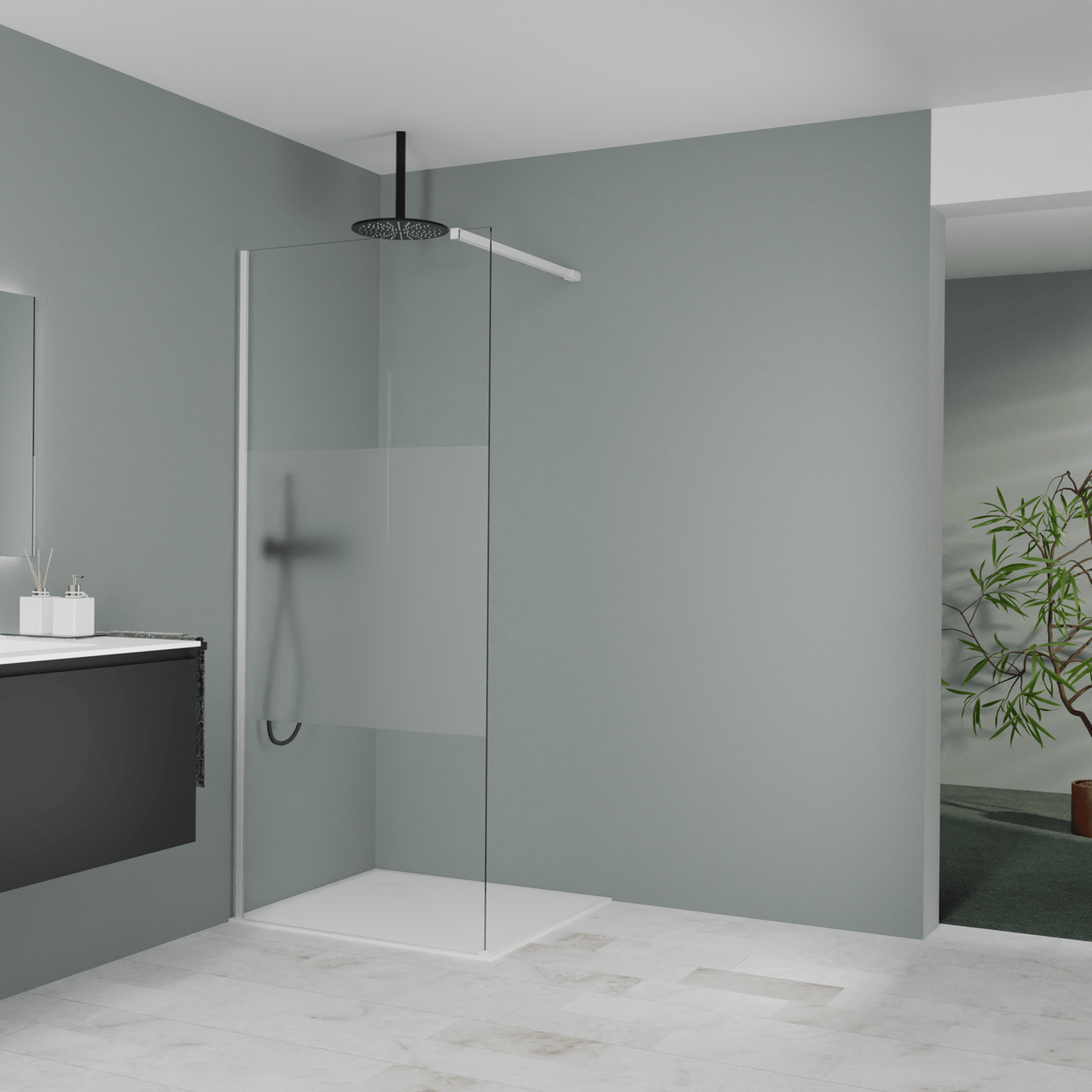 Balmani Modular inloopdouche: 90 x 200 cm, Helder glas met matte strook, Mat witte profielen