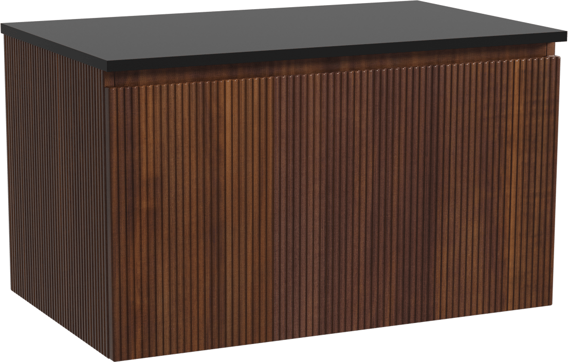 Storke Ribs hängendes Möbelstück Set: 85 x 52 cm, Nussbaum, mit Panton Einzel Waschtischplatte, Pulverbeschichtetes MDF, Schwarz matt, Vertikale symmetrische gerade Rippe