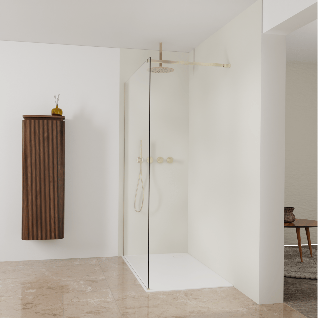 Balmani Modular Walk-In Dusche: 140 x 200 cm, Klarglas, inklusive Coating, Profil Brushed Champagne Gold